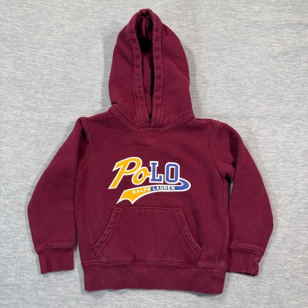 Polo Ralph Lauren Hoodie Boys Size 5 Maroon Red Spellout Logo Fleece‎ Pullover